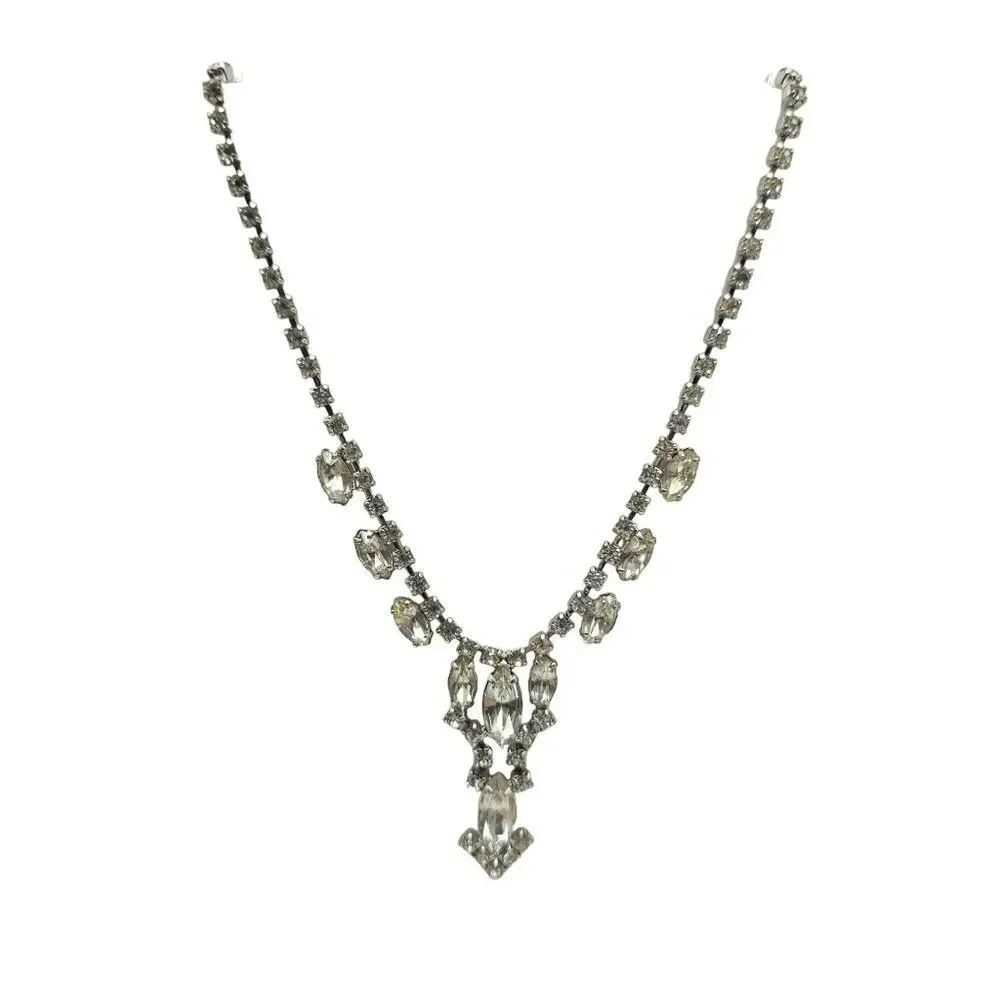 Clear Rhinestone Crystal Y Drop Necklace Hook Closure Silver Tone Vintage